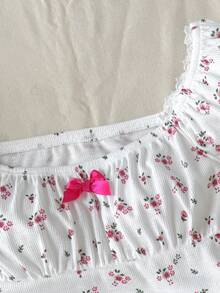 SHEIN Kaos Anak Perempuan Remaja Kasual Nyaman Pas Badan Motif Bunga Kecil - MultiWarna - View 4