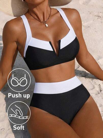 Swim DD+ Bộ 2 món đồ bơi nữ kiểu dáng thể thao tối giản màu đen trắng phối mờ, dây đeo rộng, cổ chữ V hở lưng, quần tam giác cạp cao, thích hợp cho lướt sóng, lặn biển, tập gym, đi biển, nghỉ dưỡng. Thanh lịch và đa năng.