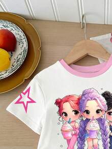 Cartoon Print Crew Neck T-Shirt And Shorts Casual Daily 2-Piece Set For Teen Girls - Multicolor - View 4
