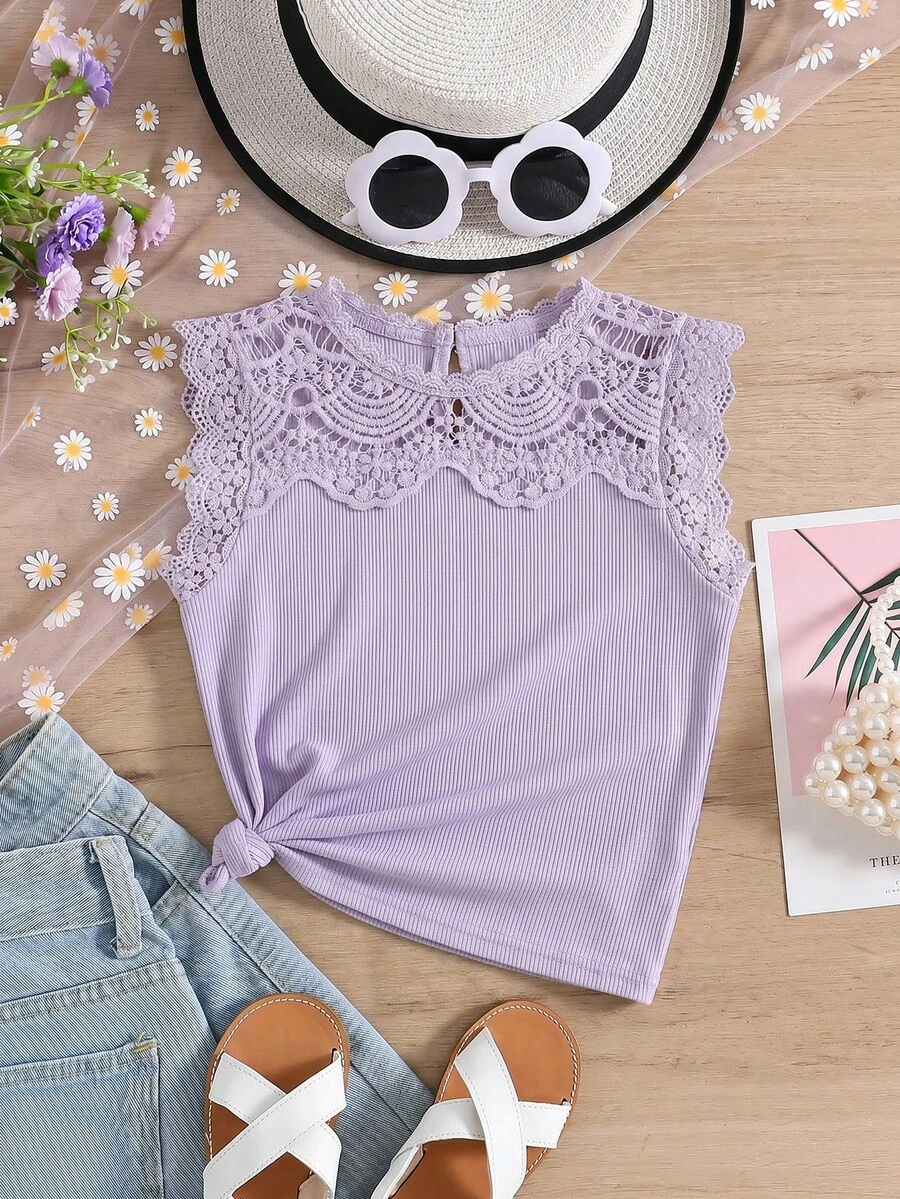 SHEIN Áo hai dây cổ tròn phối ren màu trơn cho bé gái, kiểu dáng thường ngày. - Màu tím hoa cà - Xem 1