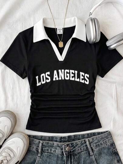 SHEIN Tween Girls' T-Shirts, Black & White Color Block, Polo Collar, Sports Style, Badge & Letter Print, Color Blocking, Pleated Trim, Short Sleeve, Suitable For Spring & Summer, Retro Style, Casual Vintage Style, Preppy Style, Back To School Season