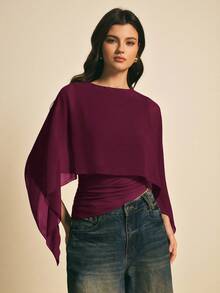 Poéselle Women's Solid Color Round Neck Batwing Sleeve Pleated Fashionable Blouse,Summer Top - Red Violet - View 4