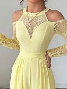 Modelyn Lace Patchwork Long Sleeve Off-Shoulder Sequin Elegant Jumpsuit For Women Party Pale Yellow Summer - Yellow - View 4