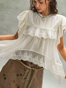 Bohemela Áo kiểu nữ mùa hè lãng mạn, phong cách Bohemian Pháp, thêu ren xếp nếp, phối nhiều mảnh, kiểu dáng thoải mái và giản dị. Trang phục thời trang nữ, thích hợp cho bãi biển và kỳ nghỉ hè. - Màu be - Xem 5