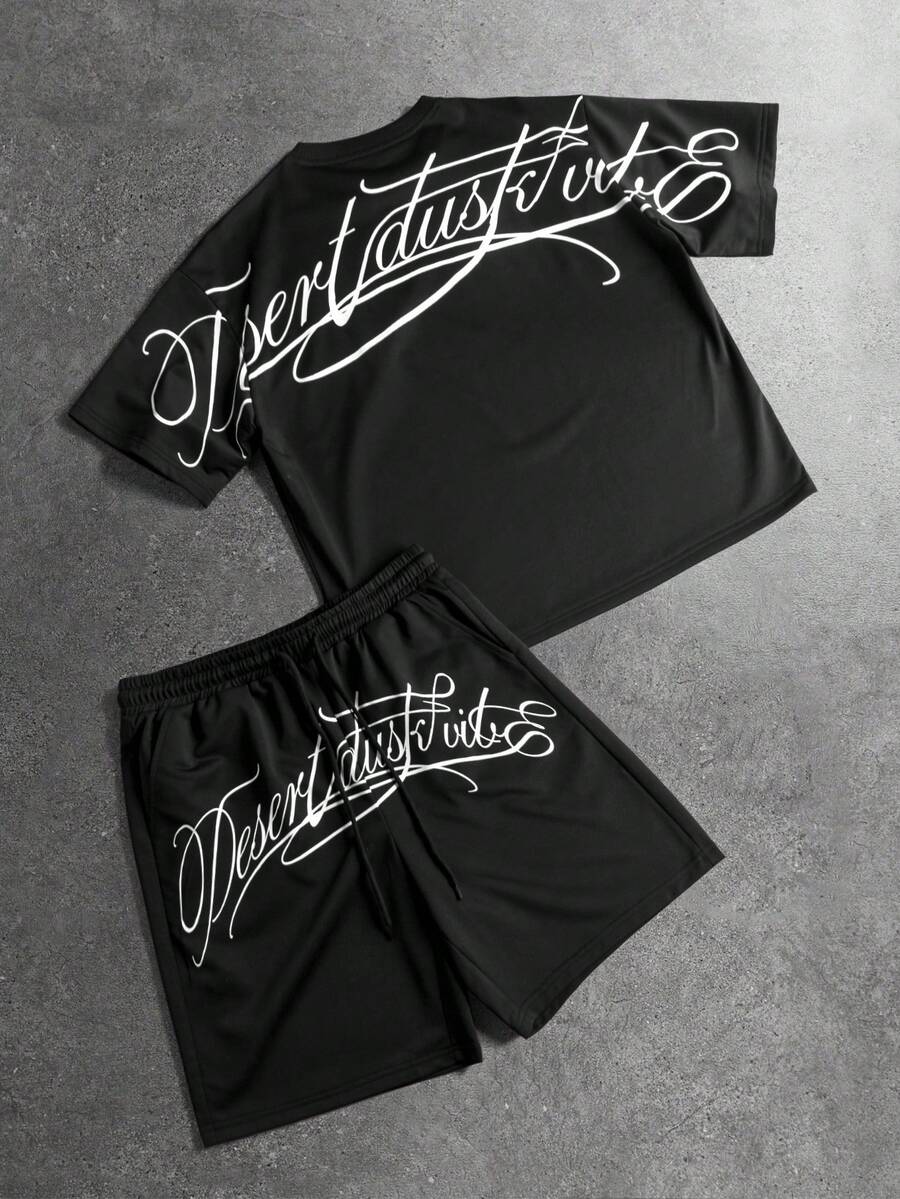 STYNVO Men's Letter Print Round Neck Short Sleeve T-Shirt And Shorts Casual Set - Black - View 1