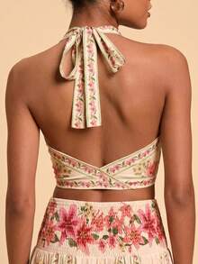 Travachic Conjunto de 2 piezas elegante de top halter con estampado floral y minifalda para mujer - Rosa - Ver 2