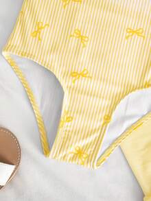 Emery Rose Kids Emery Rose Kids 女童蝴蝶结条纹印花荷叶袖连体泳衣，带罩裙 - 黃色 - 查看 4