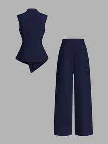 Franclia Women's Elegant 2026 Spring/Summer Asymmetric Sleeveless Ruched Metal Button Long Pants 2 Pieces Set - Royal Blue - View 2