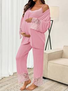 SHEIN 3pcs Maternity Set: Elegant Contrast Lace Camisole, Pants And Robe, Suitable For Spring And Autumn Photoshoot - Pink - View 5