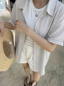 DAZY 女士休闲条纹短袖衬衫，夏季 - 黑與白 - 查看 2