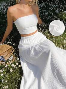 SHEIN Sparklyn 2pcs Teenage Beach Vacation Solid Color Knit Tube Top & Skirt Set - White - View 3