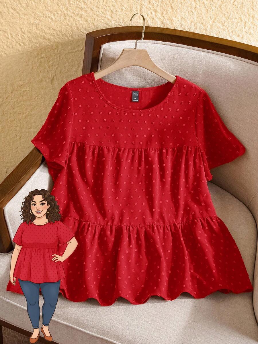 Rusticease Plus Size Women's Solid Color Round Neck Ruffle Short Sleeve Loose Shirt,Boho For Women/Summer,Western Wear Women,Vacation Outfits Woman - Red - View 1