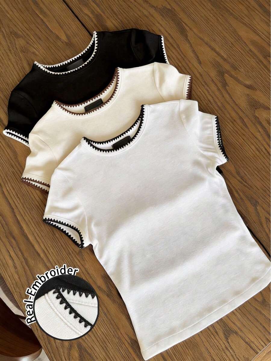 SHEIN EZwear 3件套女士休闲舒适撞色T恤,时尚 - 彩色 - 查看 1