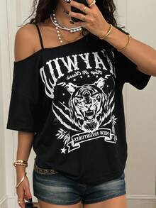 Coolane Women Plus Size Summer Y2K Vintage Streetwear Casual Graphic Pattern Comfy Black Asymmetrical Neck OverSize Short Sleeve T-Shirt - Black - View 2