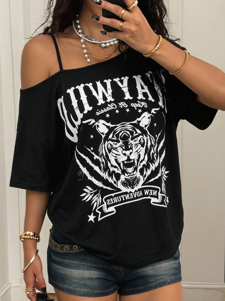 Coolane Women Plus Size Summer Y2K Vintage Streetwear Casual Graphic Pattern Comfy Black Asymmetrical Neck OverSize Short Sleeve T-Shirt