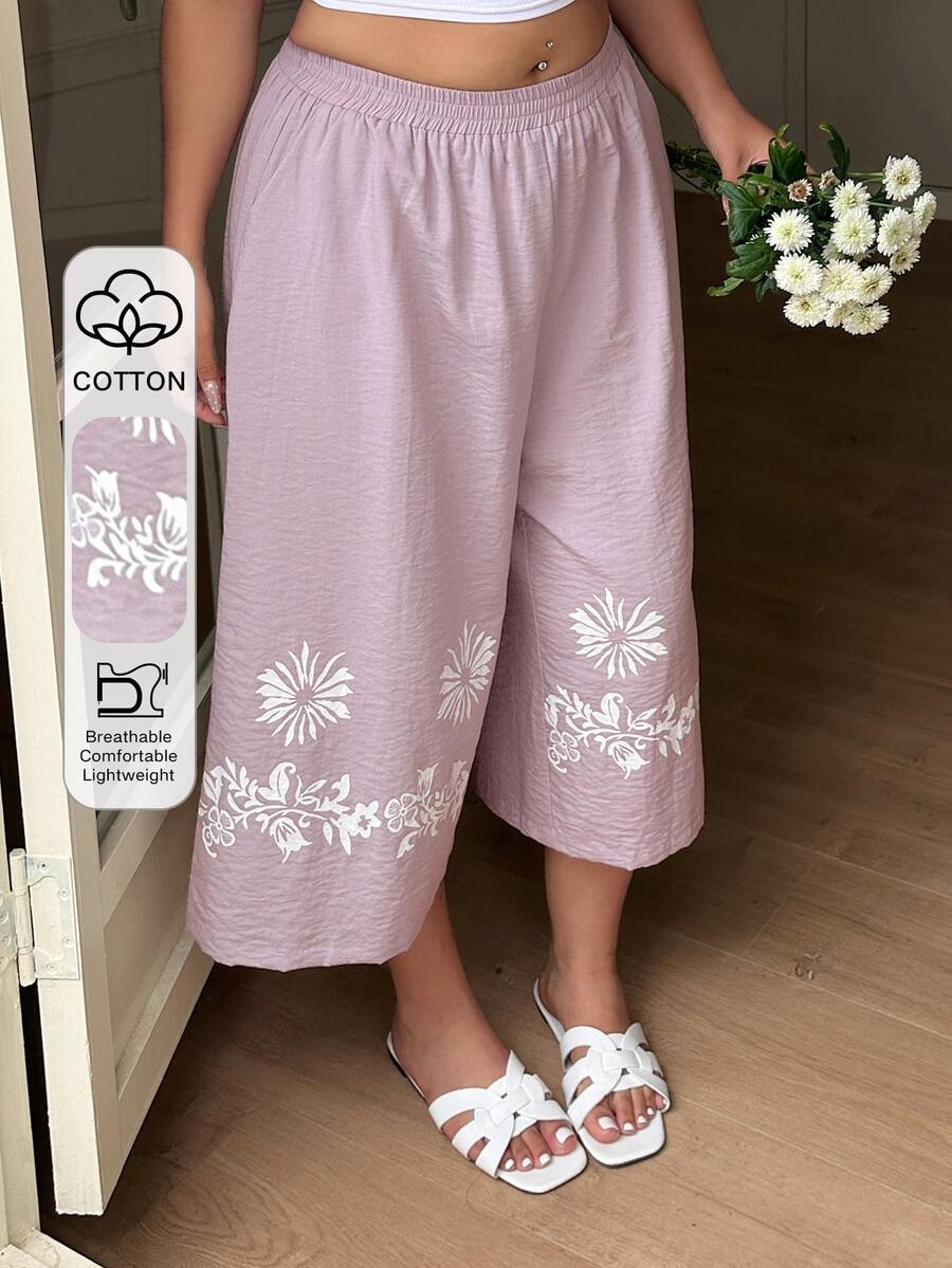 Dazy Plus Pantalones capri de pierna ancha con estampado de patrón para vacaciones en la playa, ropa de estar en casa para primavera/verano, talla grande - Púrpura polvoriento - Ver 1
