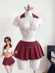 三件套：百褶裙、学生角色扮演用长筒袜 - 紅白色 - 查看 6