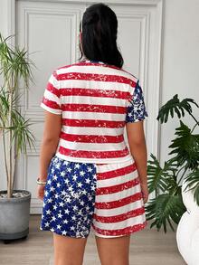 SHEIN EZwear 大尺碼女款美國國旗數位印花星條紋圖案圓領短袖上衣與短褲休閒兩件套 - 彩色 - 查看 3