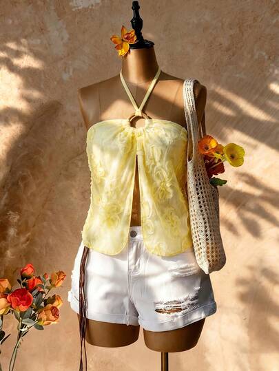 Femesol Damen Sommer Strand Urlaub Jacquard Twist Trägertop