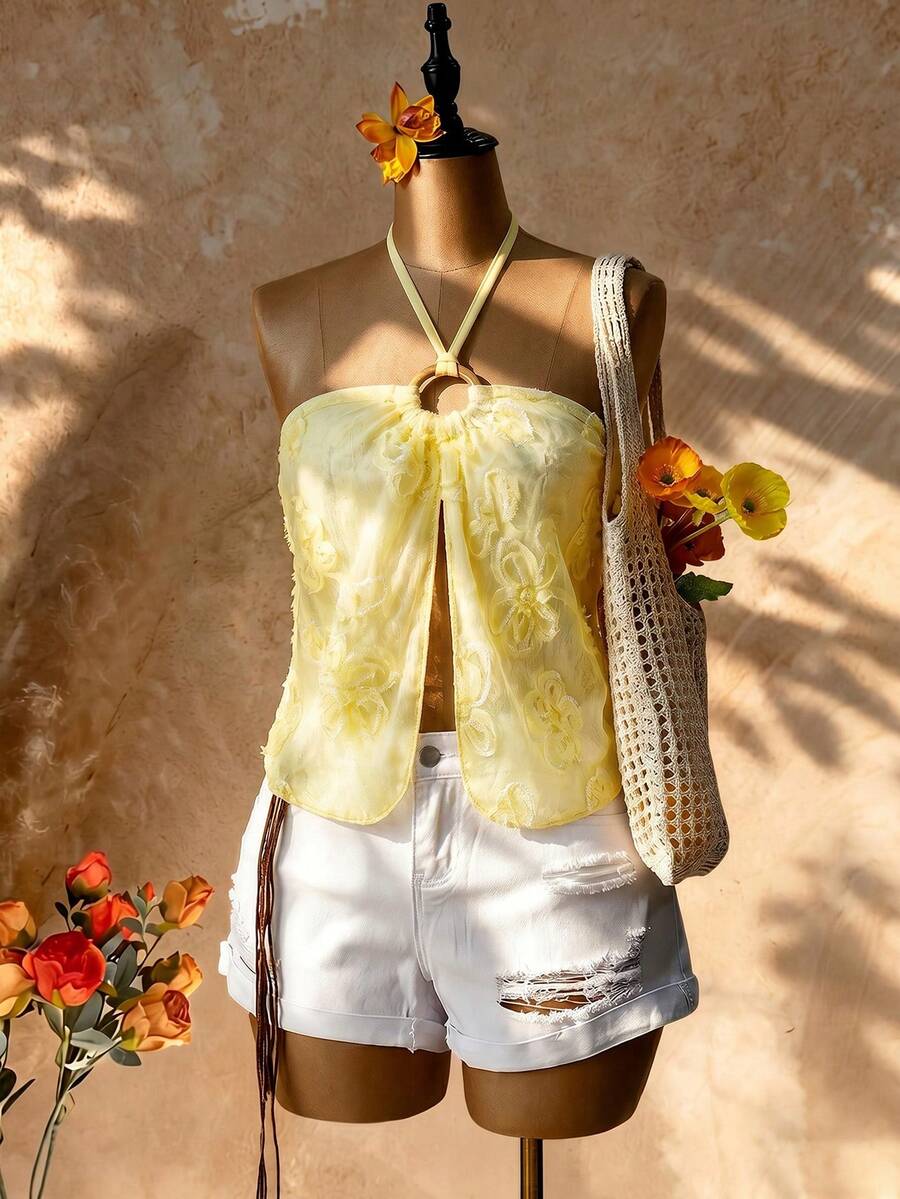 Femesol Women's Summer Beach Holiday Vacation Holiday Jacquard Twist Halter Top Yellow Boho - Light Yellow - View 1