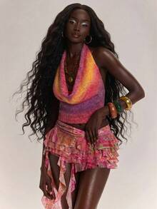 SHEIN BAE Casual Vacation Halter Backless Knit Blouse For Women, - Multicolor - View 5