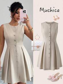 Elenzga Vestido elegante con hebilla metálica decorativa para ceñir la cintura, talla estándar para mujer, primavera/verano - Albaricoque - Ver 1
