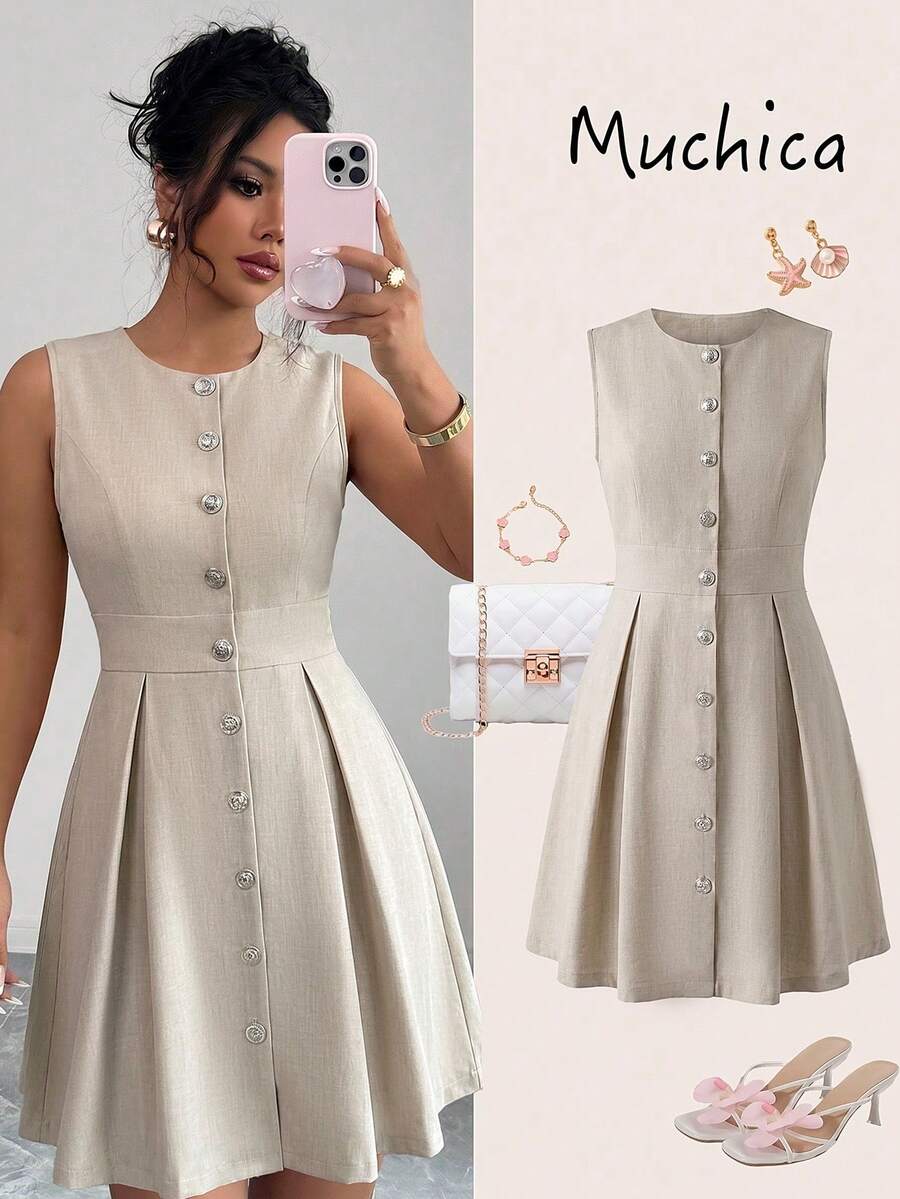 Elenzga Vestido elegante con hebilla metálica decorativa para ceñir la cintura, talla estándar para mujer, primavera/verano - Albaricoque - Ver 1