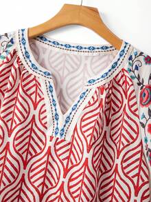 SHEIN CURVE+ Plus Size Floral Print Ruffle Trim Allover Print Loose Short Sleeve Shirt - Red - View 5
