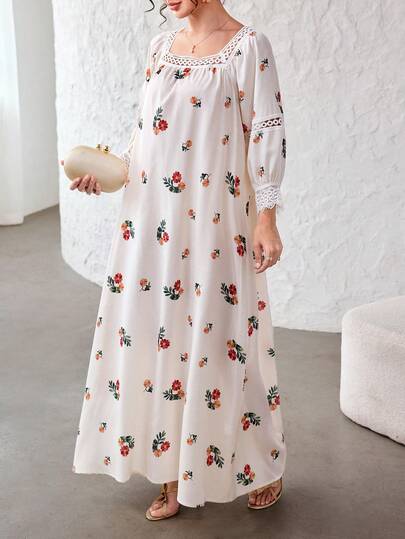 Yasmyna Vestido floral maxi de manga larga con cuello cuadrado, encaje, estampado floral y corte holgado y lindo para mujeres