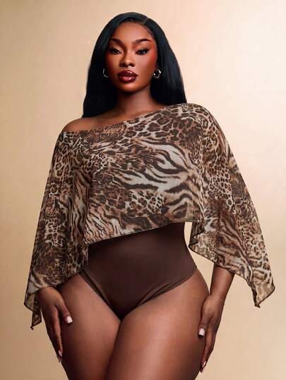 Radiana Plus Size Women's Elegant Daily Basic Leopard Print Animal Print Elegant Off Shoulder Batwing Cape Style Bodysuit,Suitable For Urban, Office Party Night Club Siren Coquettish,Versatile,Cruise Attire,Commuting,Business,Retro,Vintage,Party,Resort,Outing,Old Money,Richly Layered,Date Night,Gathering,Minimalism,Birthday,Formal Event,Gyaru,Ibiza,Nashville,Break,Modest,Chic,Casul,Shopping, Streetwear,,Coquette,Accent Your Body,Flatter The Figure Brown Zebra Print Summer