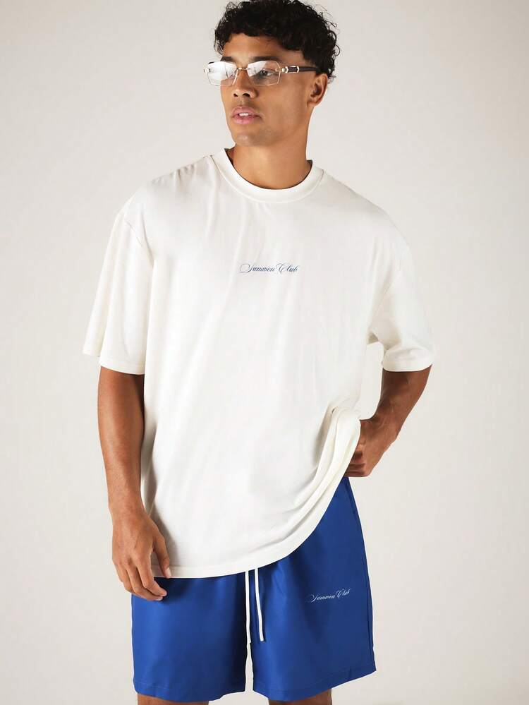 オーバーサイズクルーネックグラフィックプリントコーディネートTシャツ、バックロゴプリントとスクリプト胸部ディテール