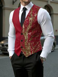 Men's Shiny Sequin Glitter Formal Vest For Performance/Evening Wear - Burgundy - View 1