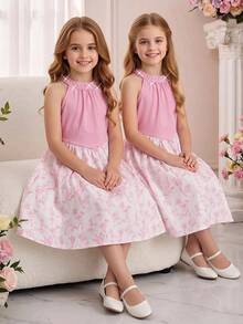 Elladie kids 一件大童连衣裙，优雅粉色，饰有珍珠串珠，无袖花卉图案印花A字中长裙，撞色设计，面料柔软，适合派对、野餐、校园度假和日常穿着，春夏季节穿着舒适百搭，适合青少年女孩。 - 粉色 - 查看 9