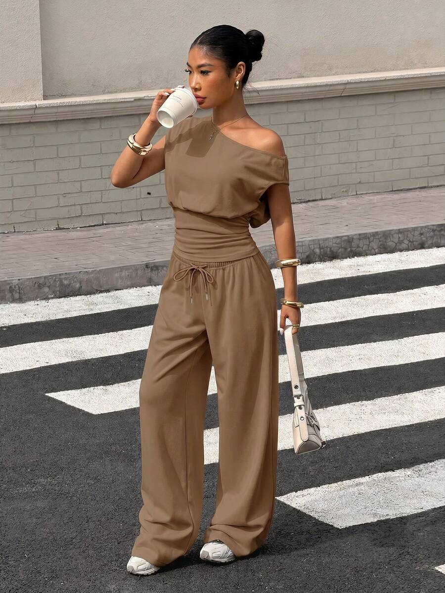 Muchica Women's Summer New Asymmetrical Shoulder Cinched Waist Top And Loose Pants Set Travel Coffee Brown Casual - Coffee Brown - View 1