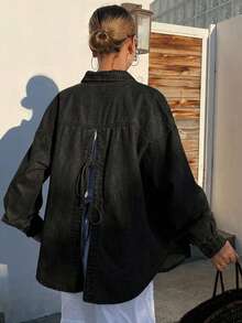 DAZY Women's Loose Casual Vacation Distressed Denim Shirt With Bowknot, Jacket And Coat For Spring And Summer - Black - View 3