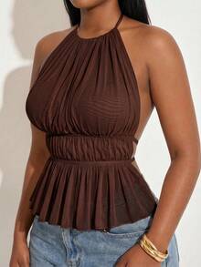 SHEIN SXY Elegant Sleeveless Brown Sheer Halter Top With Ruched Waist And Peplum Hem - Brown - View 9