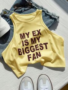 Comfortcana Plus Size Casual Slogan Print Sleeveless Tank Top, Spring/Summer - Yellow - View 4
