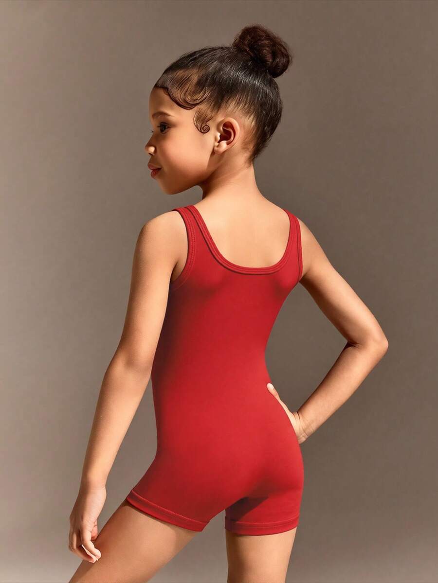 SHEIN 女童紅色運動連身褲,緊身彈性舒適連身褲 - 紅色 - 查看 1