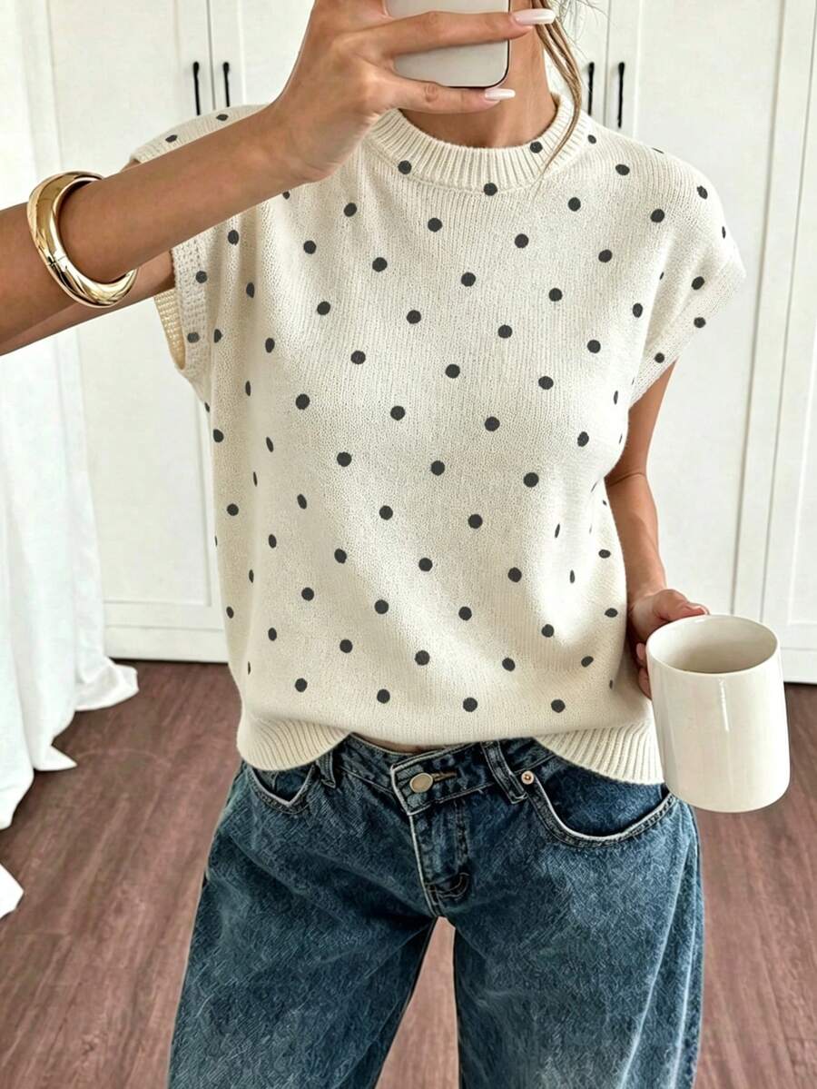 SHEIN Frenchy 休闲简约风格黑色波点图案大码毛衣,适合春夏、度假穿着,百搭针织上衣 - 灰色 - 查看 1