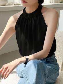 DAZY Women Business Casual Solid Halter Neck Blouse Sexy Women Tops Going Out Tops - Black - View 2