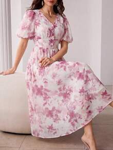 Modelyn V-Neck Petal Sleeve Chiffon Floral Print Front Button Closure White Floral Dress Tea Party Vacation Summer Elegant - Pink - View 9