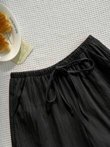 Pantalones sólidos de mujer con nudo, pantalones casuales sueltos, pantalones a rayas, pantalones de vacaciones, pantalones anchos de verano para mujer, pantalones anchos de mujer, pantalones de verano de mujer, pantalones de mujer - Negro - Ver 5