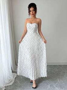 Elenzga Đầm chấm bi xếp ly, không dây vai, eo nhún. - Đen và trắng - Xem 3