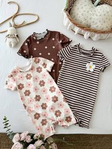 SHEIN Bộ 3 món áo liền quần dệt kim họa tiết hoa dễ thương cho bé gái, kiểu dáng thường ngày. - Nhiều màu - Xem 6