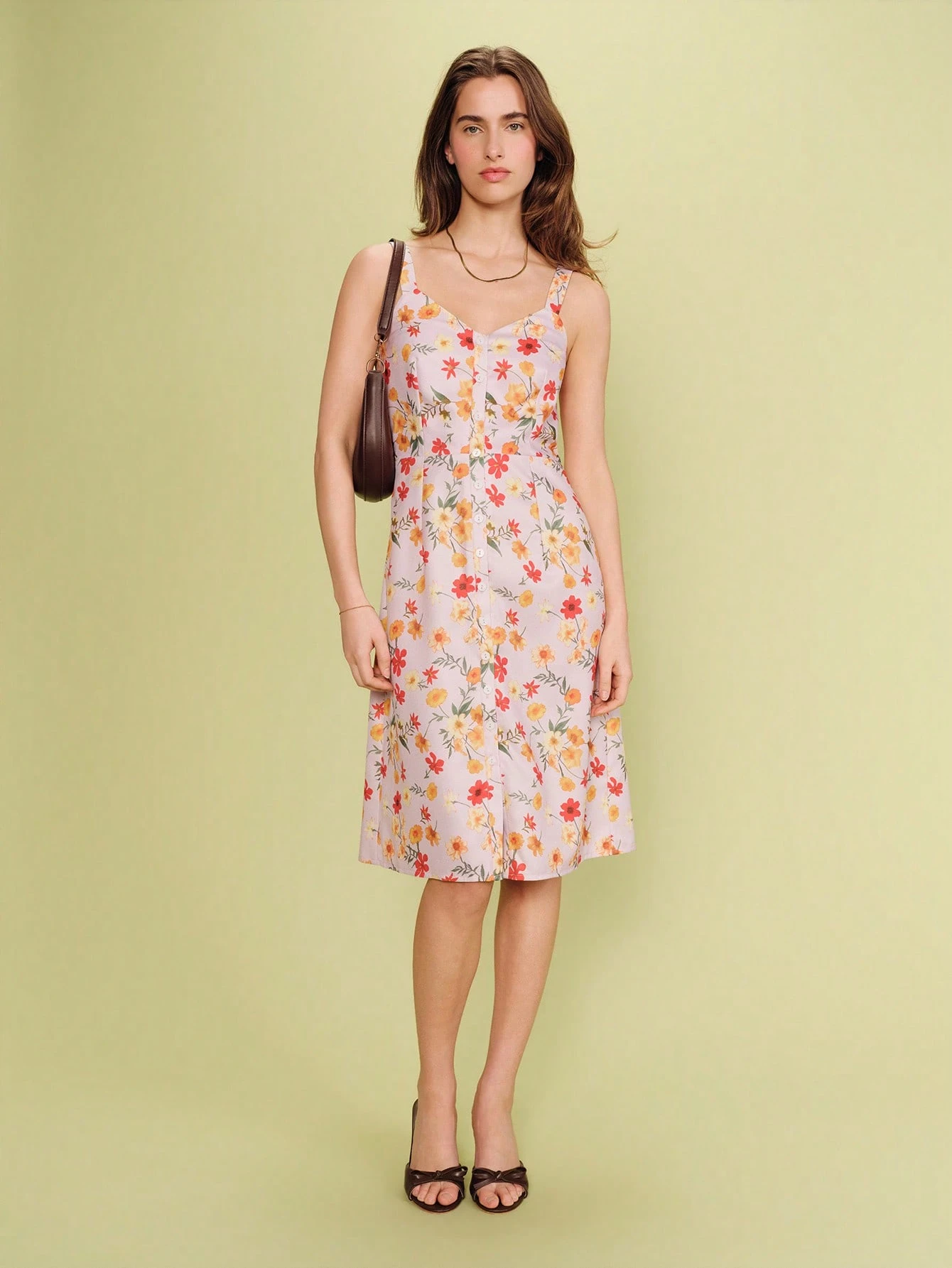 Lilac Floral Midi Dress With Button-Down Front And Sweetheart Neckline Spring Summer Casual Holiday Dress Flower Dress French Style Dress