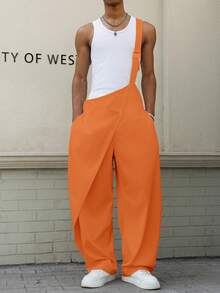 Manfinity EMRG Men's Solid Color Pocket Wide Leg Loose Casual Bib Pants - Orange - View 5
