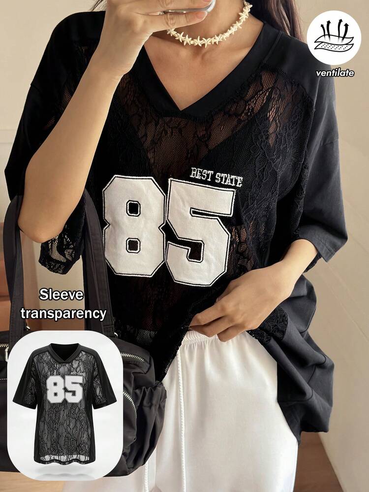 Women's V-Neck Lace Patchwork Loose Letter Print Short Sleeve Casual Street T-Shirt