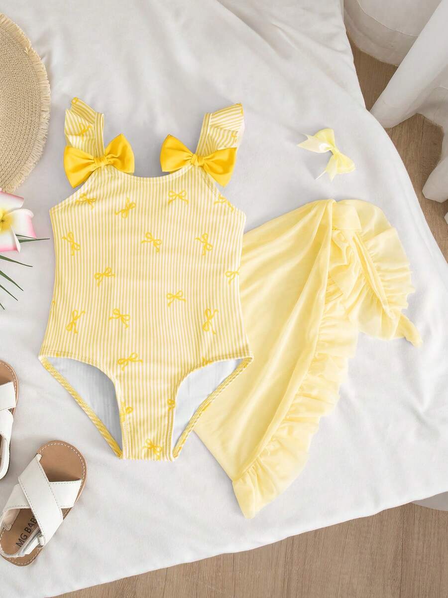 Emery Rose Kids Emery Rose Kids 女童蝴蝶结条纹印花荷叶袖连体泳衣,带罩裙 - 黃色 - 查看 1