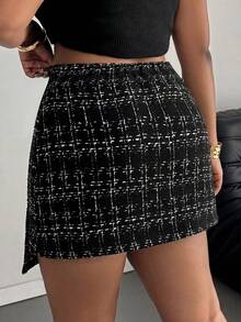 SHEIN PETITE CURVE CURVE 大尺碼女款黑白格紋 A 字迷你裙，高腰小個子休閒裙，優雅辦公正式穿著，秋季度假 - 黑色 - 查看 4