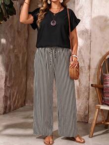 EMERY ROSE Casual Elegant Retro Black & White Striped Print Plus Size Women V-Neck Top And Loose Pants 2-Piece Set, Suitable For Summer, Black Set - Multicolor - View 5